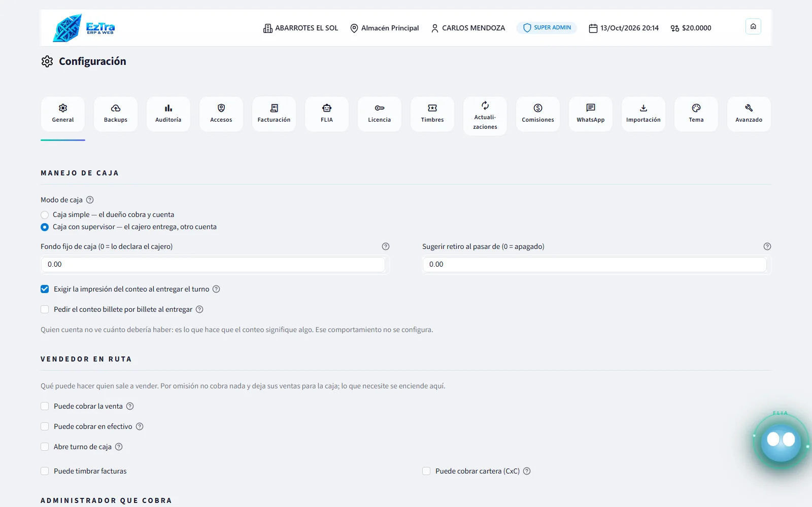 Configuración de EzTra con pestañas de respaldos, licencia, timbres, WhatsApp y actualizaciones
